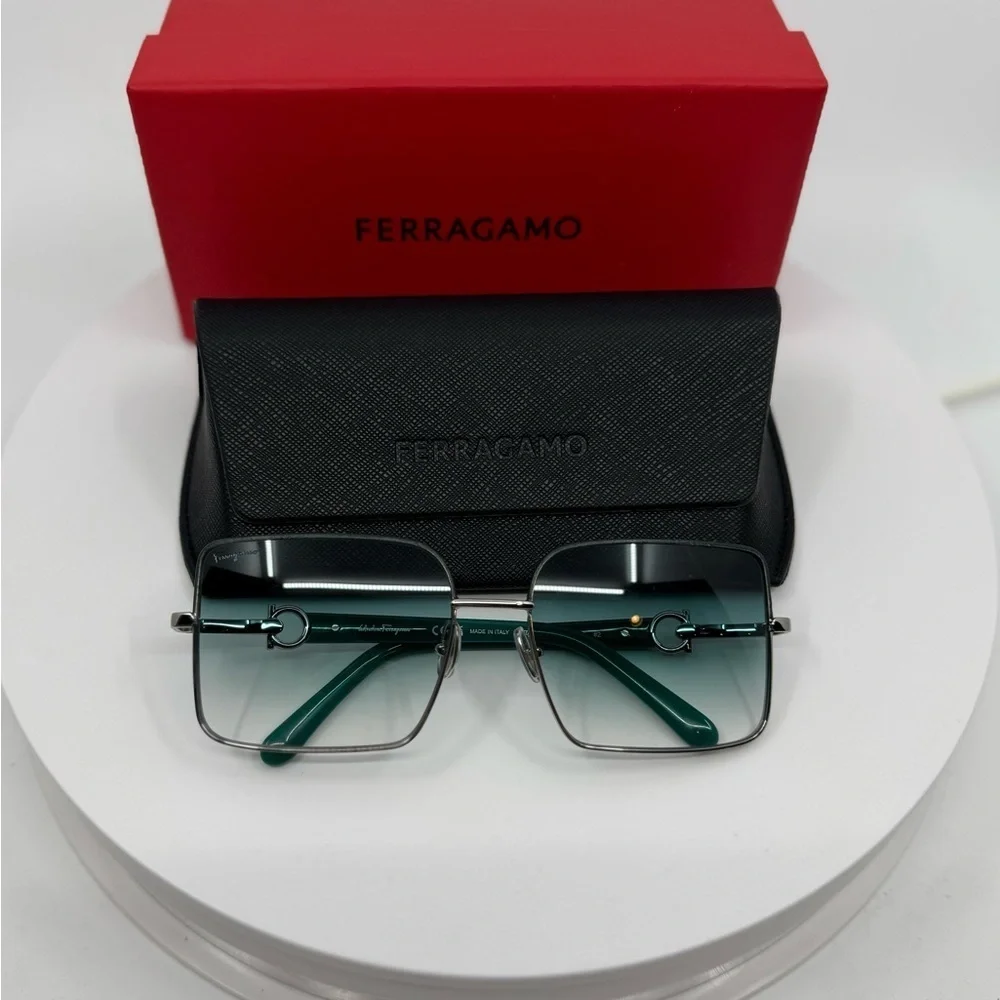 NEW! Salvatore Ferragamo Rectangle Sunglasses Silver Frame /Turquoise Gradient